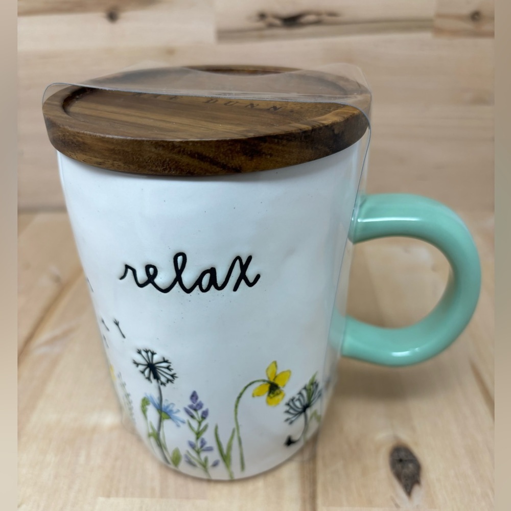 Rae Dunn RELAX Mug White Florals & Green Handle Wooden Top and Black LL New